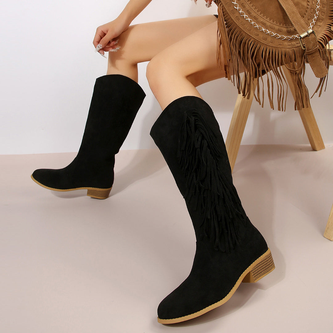 Damen knielange Wildlederimitat-Stiefel mit langen Fransen, mittlerem Blockabsatz und gepolstertem Komfortfußbett EB