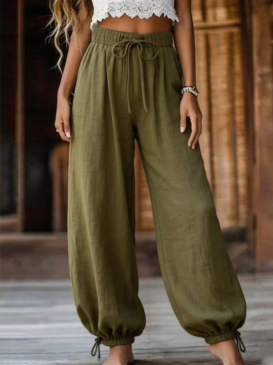 Damen Leichte Leinenhose mit weitem Bein und elastischem Bund EB