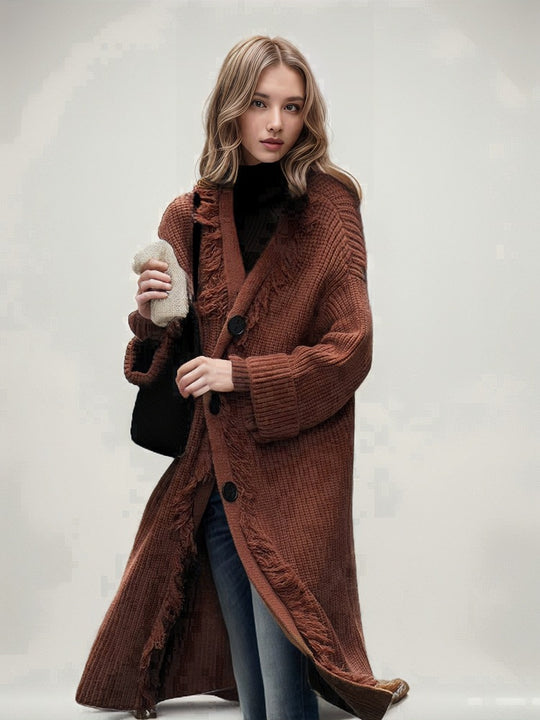 Damen lässiger Strickmantel mit fransigen Abschlüssen und großzügigen Taschen EB