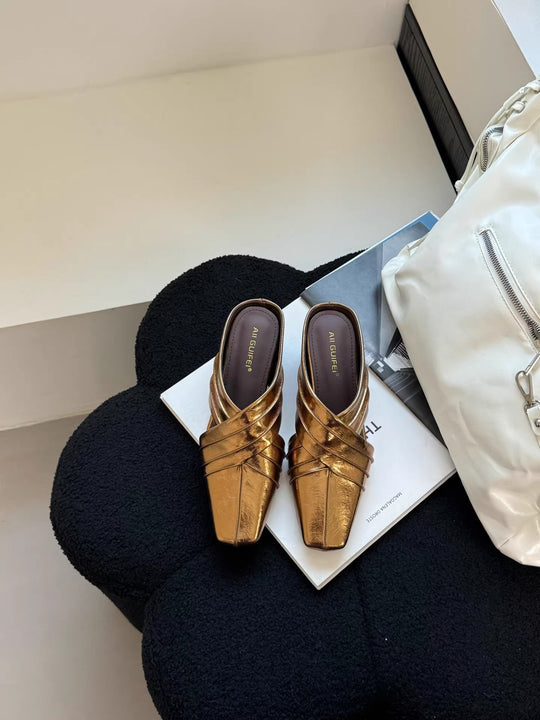 Damen elegante Slide-Sandalen mit kunstvollem Faltendesign EB