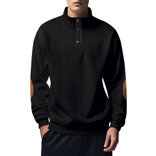 Herren nan strukturiertes Kabelstrick-Henley-Pullover mit Stehkragen und Ellbogenpatches EB