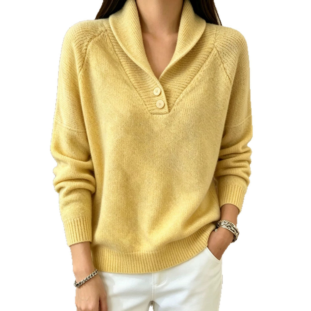 Damen Weicher Schalkragen‑Pullover mit halber Knopfleiste und Raglanärmeln EB