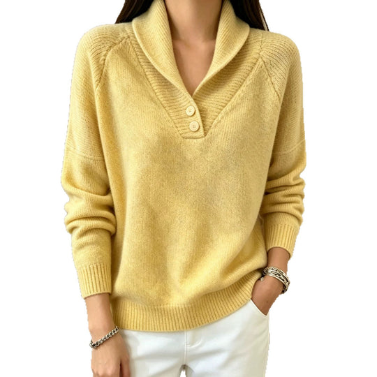 Damen Weicher Schalkragen‑Pullover mit halber Knopfleiste und Raglanärmeln EB