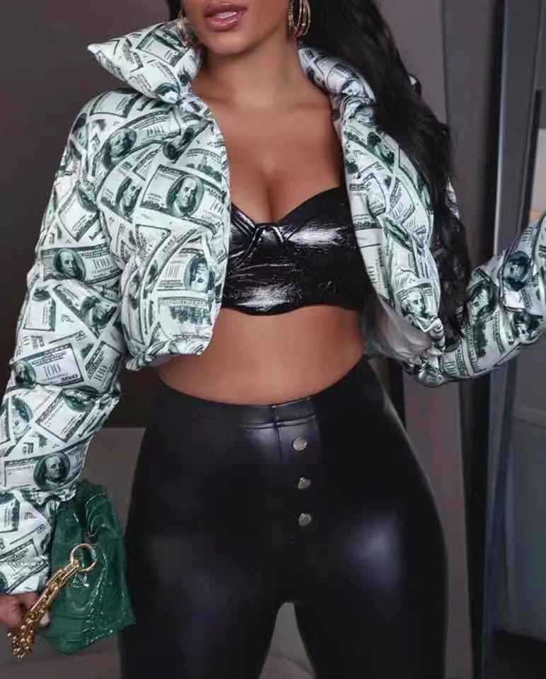 Damen modische cropped Steppjacke im Dollar-Design EB