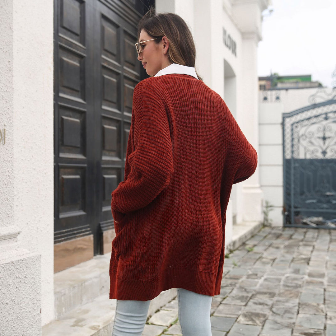Damen Lässige Strickjacke mit tiefem V-Ausschnitt und praktischen Taschen EB