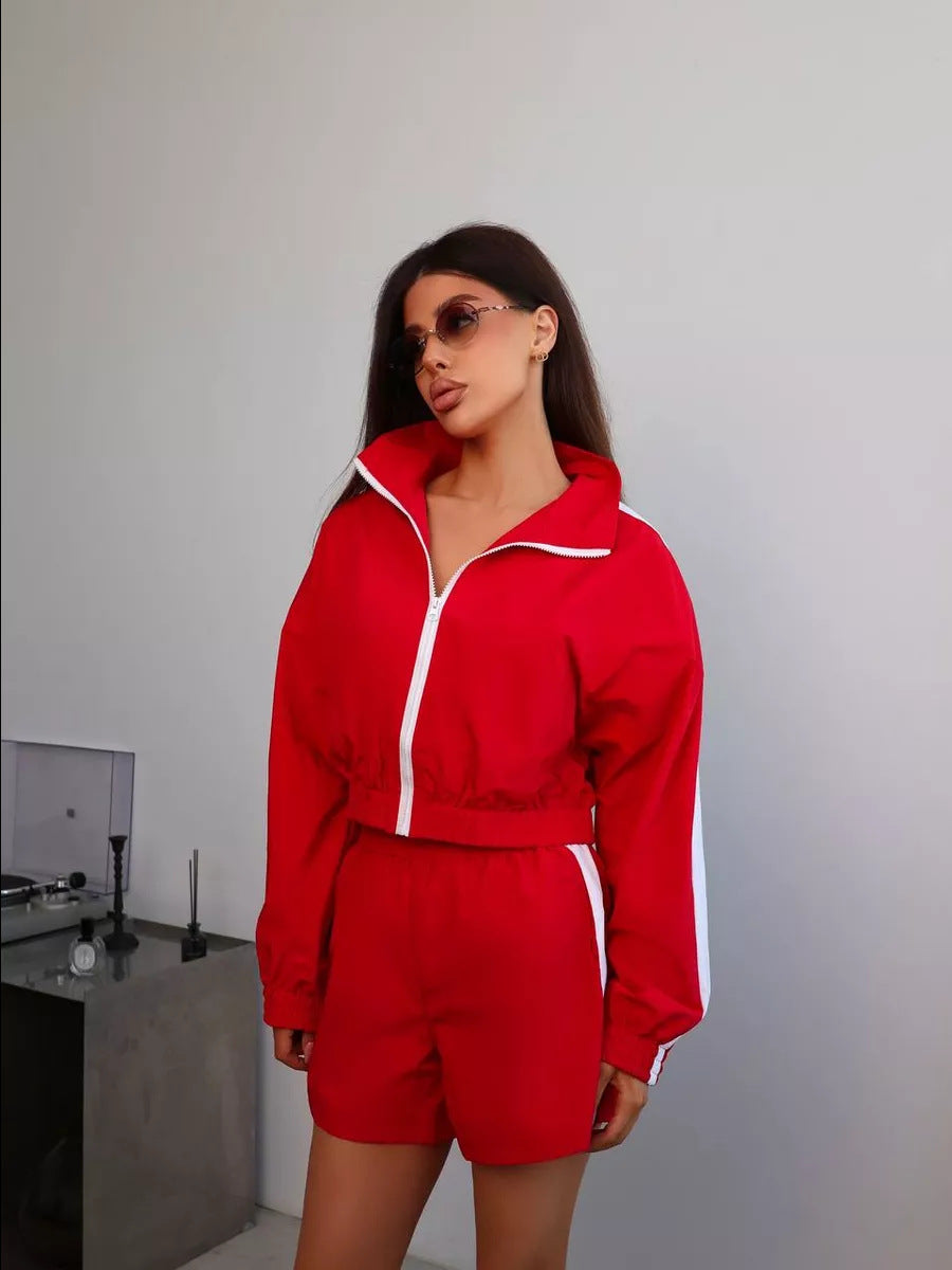 Damen sportliches Set aus funktional atmungsaktivem Material mit Reißverschluss und elastischem Bund EB