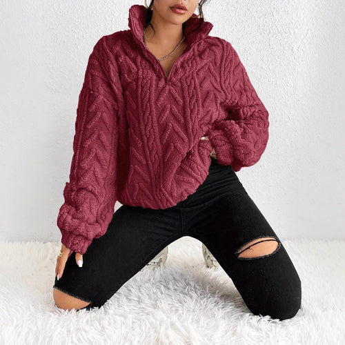 Damen Flauschiger Oversized-Pullover mit Zipper und Rippstruktur EB