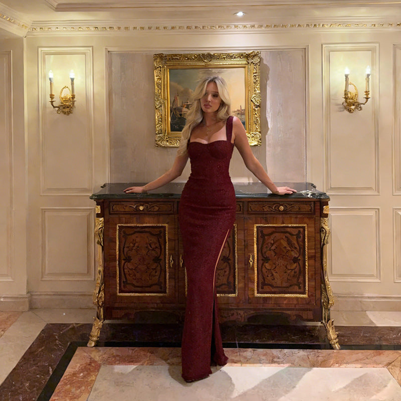 Damen Glitzerndes Abendkleid mit tiefem Ausschnitt und eleganten Spaghettiträgern EB