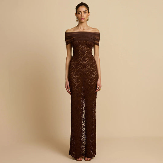 Damen Elegantes Spitzenabendkleid mit schulterfreiem Design und raffiniertem Schlitz EB