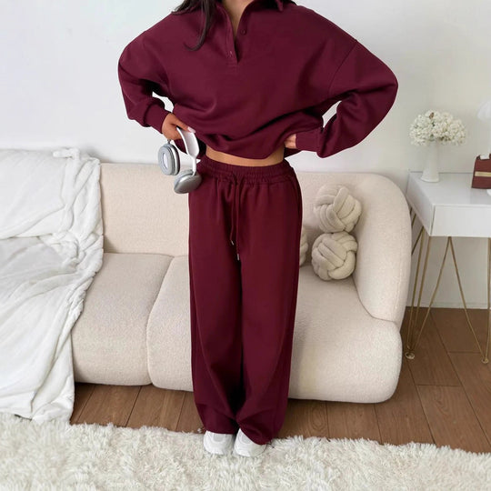 Damen weites Polo-Lounge-Set mit elastischem Tunnelzugbund und Wide‑Leg-Jogginghose Eichborn Berlin
