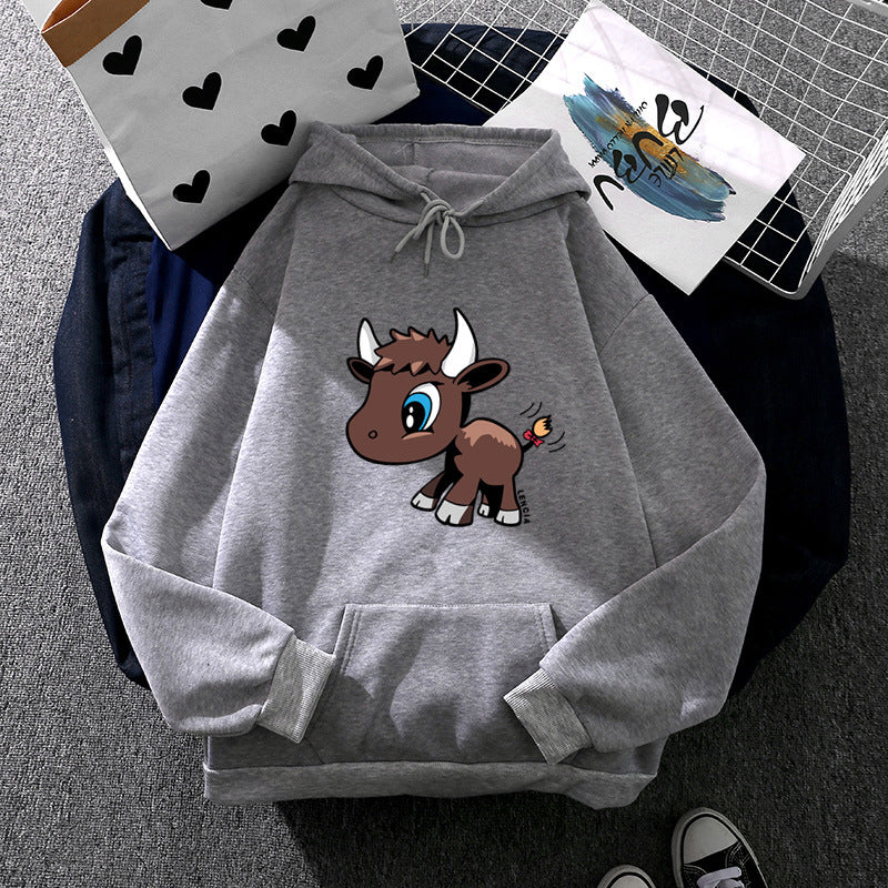 Damen nan Kapuzenpullover mit charmantem Stier-Karikaturprint, Kängurutasche und entspanntem Oversize-Schnitt EB