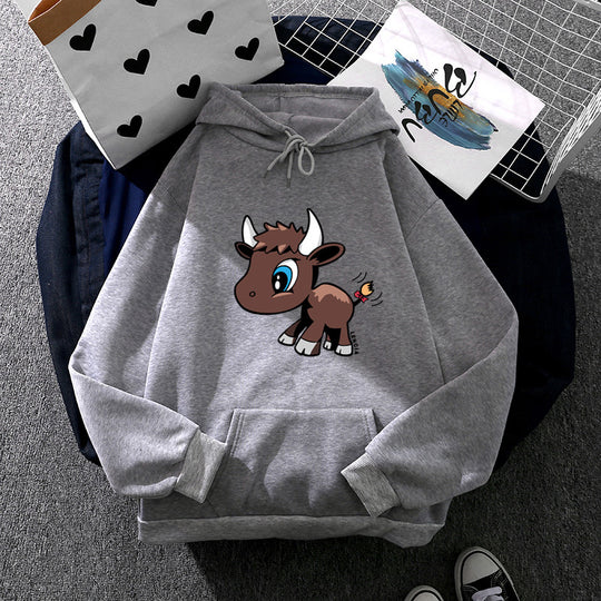 Damen nan Kapuzenpullover mit charmantem Stier-Karikaturprint, Kängurutasche und entspanntem Oversize-Schnitt EB