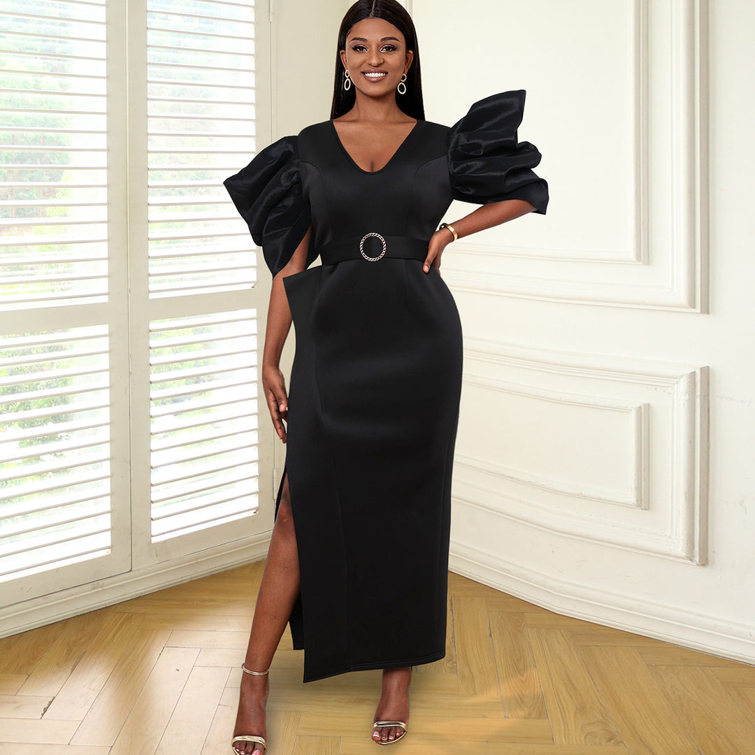 Damen Elegantes Abendkleid mit voluminösen Puffärmeln und einem stilvollen Gürtel EB