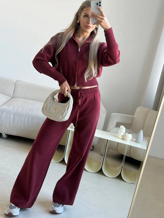 Damen gestricktes Lounge-Set mit kurzem Reißverschluss-Cardigan und weitem High-Waist-Jogginghose EB