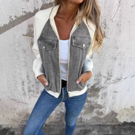 Damen lässige Sweaterjacke mit Denim-Style und Fleeceärmeln EB