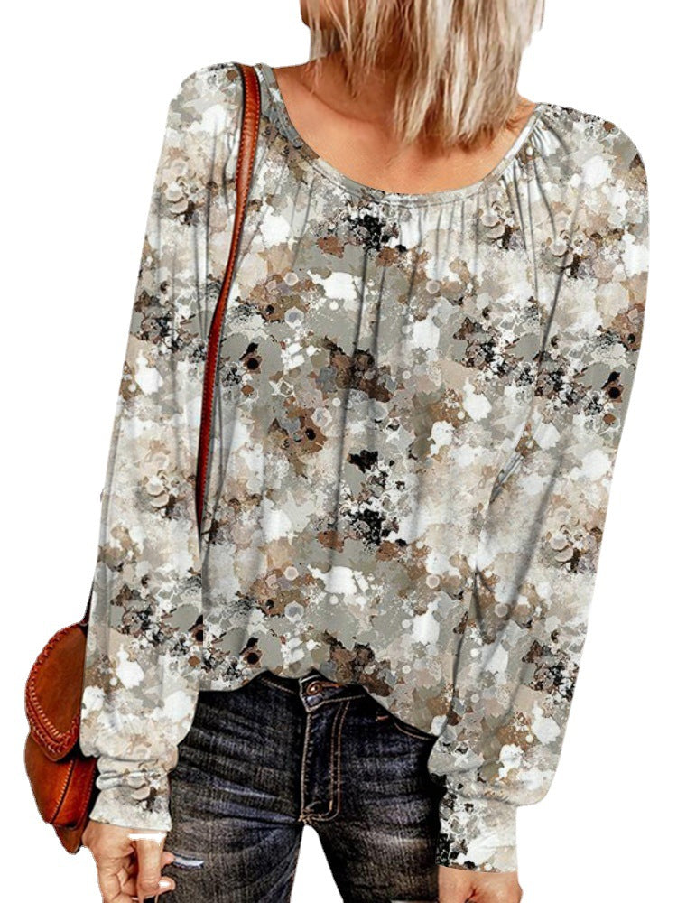 Damen Ethno-Print Oversize-Tunika mit Rundhalsausschnitt und langen Ballonärmeln EB