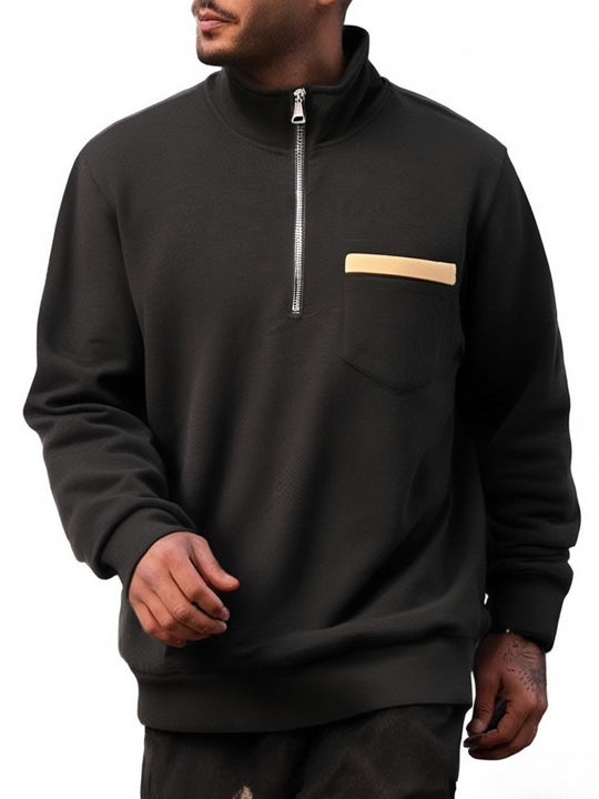 Herren nan feinstrukturiertes Halbzip-Feinstrickpullover mit Stehkragen, Brusttasche und schmaler Silhouette EB