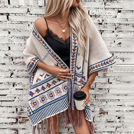 Damen stilvolle Poncho mit buntem Ethnomuster EB