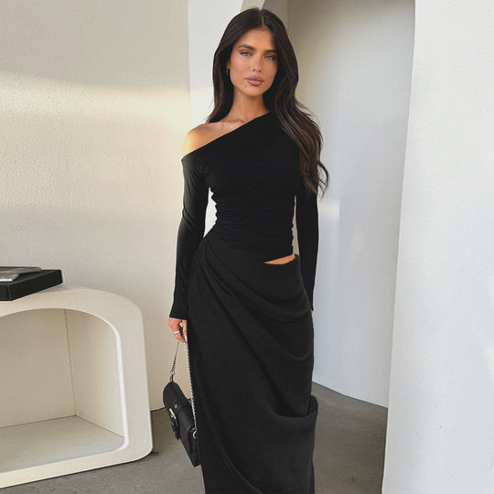 Damen elegantes Wickelkleid mit asymmetrischem Schnitt und langen Ärmeln EB