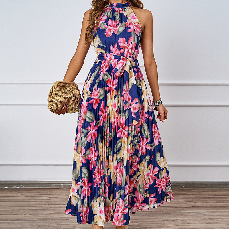 Damen Plissiertes Maxikleid mit tiefem Halterneck und floraler Taillierung EB