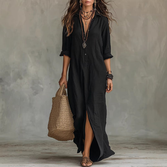 Damen Langes Hemdkleid mit Knopfverschluss und seitlichem Schlitz EB