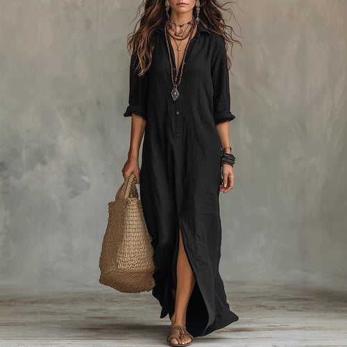 Damen Langes Hemdkleid mit Knopfverschluss und seitlichem Schlitz EB