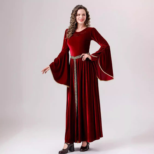 Damen elegantes Samtkleid mit Weitem Ärmel und Ziergürtel EB