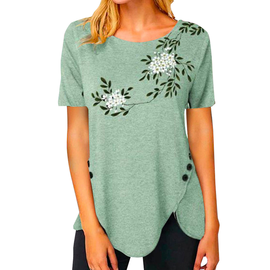 Damen lässiges T-Shirt mit dekorativem Floraldesign und asymmetrischem Saum EB