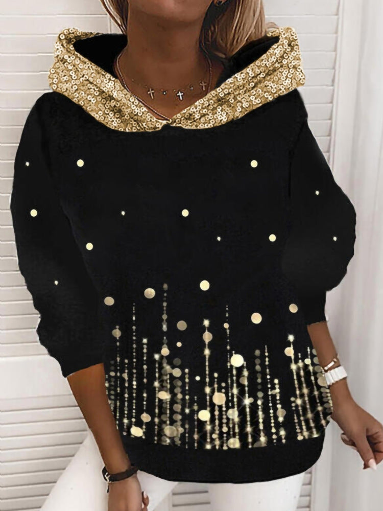 Damen Halloween Kapuzenpullover mit Kürbis- und Katzenprint, Paillettenbesatz und Oversize-Schnitt EB