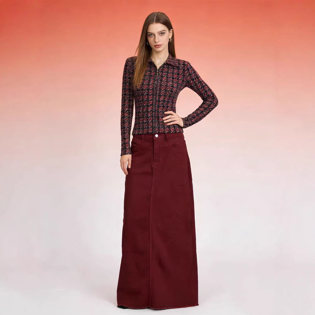 Damen nan langer High-Waist Denim-Maxirock mit gerader Silhouette und rohem Saum EB