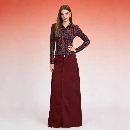 Damen nan langer High-Waist Denim-Maxirock mit gerader Silhouette und rohem Saum EB