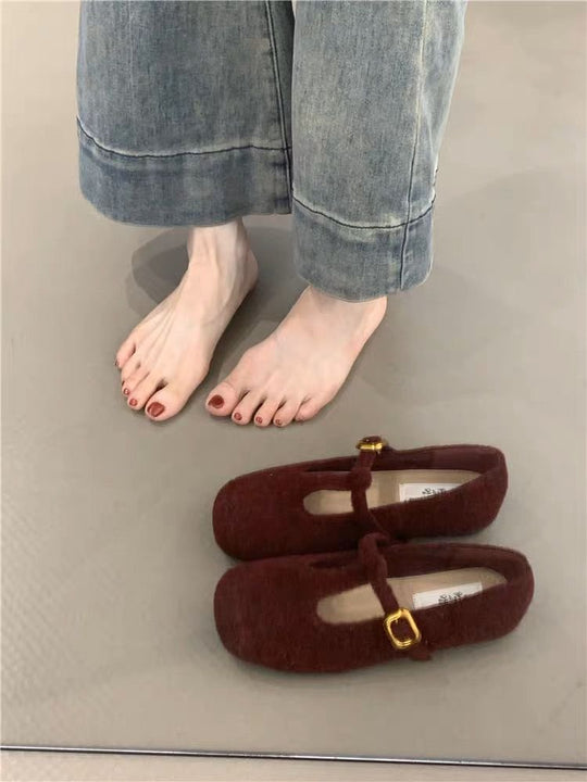 Damen elegante Filz-Ballerinas mit dekorativem Riemchen und bequemer Sohle EB