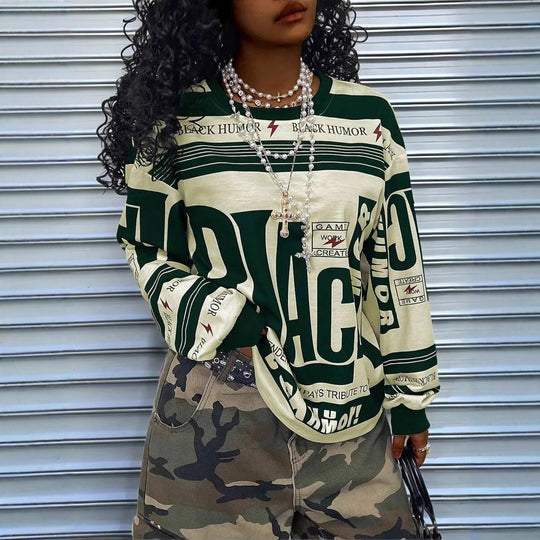 Damen Oversize‑Longsleeve Sweatshirt mit Allover‑Grafik, Rundhalsausschnitt und gerippten Bündchen EB