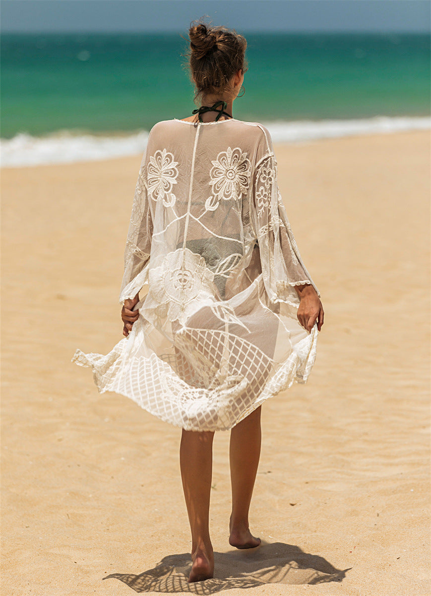 Damen elegante Häkel-Strandtunika mit floralen Details EB