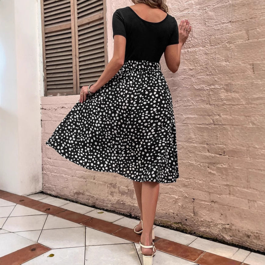 Damen Polka-Dots Kleid mit weitem Rock und Taillengürtel EB