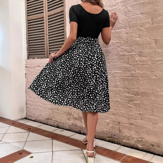 Damen Polka-Dots Kleid mit weitem Rock und Taillengürtel EB