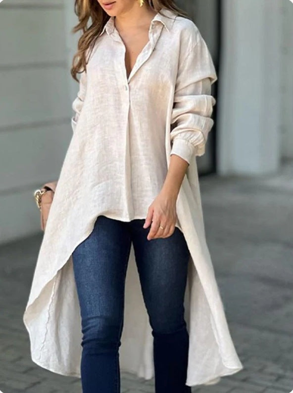 Damen Lässige Langarmbluse mit asymmetrischem Schnitt und Knopfdetails EB