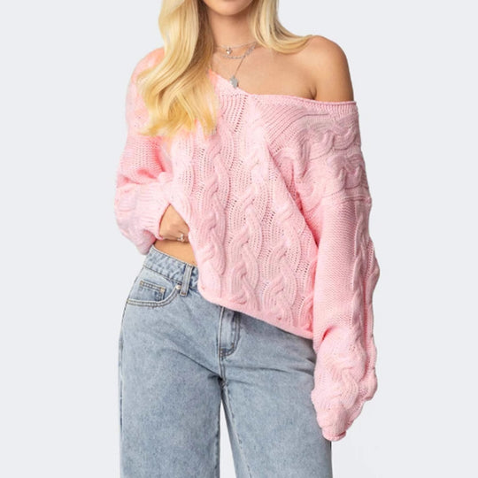 Damen Grobstrickpullover mit tiefem V-Ausschnitt und lässiger Silhouette EB