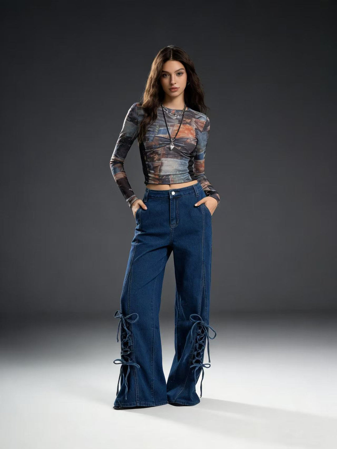 Damen Weite Jeans mit Schnürdetails