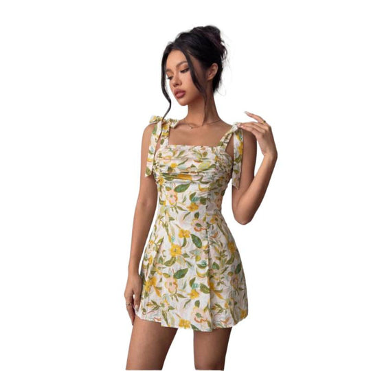 Damen Minikleid mit ärmellosen Bindeschultern und floralem Design EB