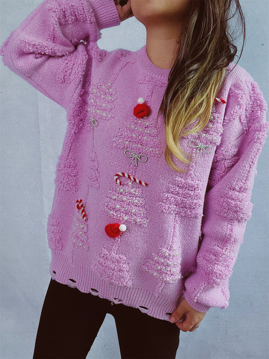 Damen festlicher Pullover mit kreativen Weihnachtsmotiven und strukturiertem Design EB