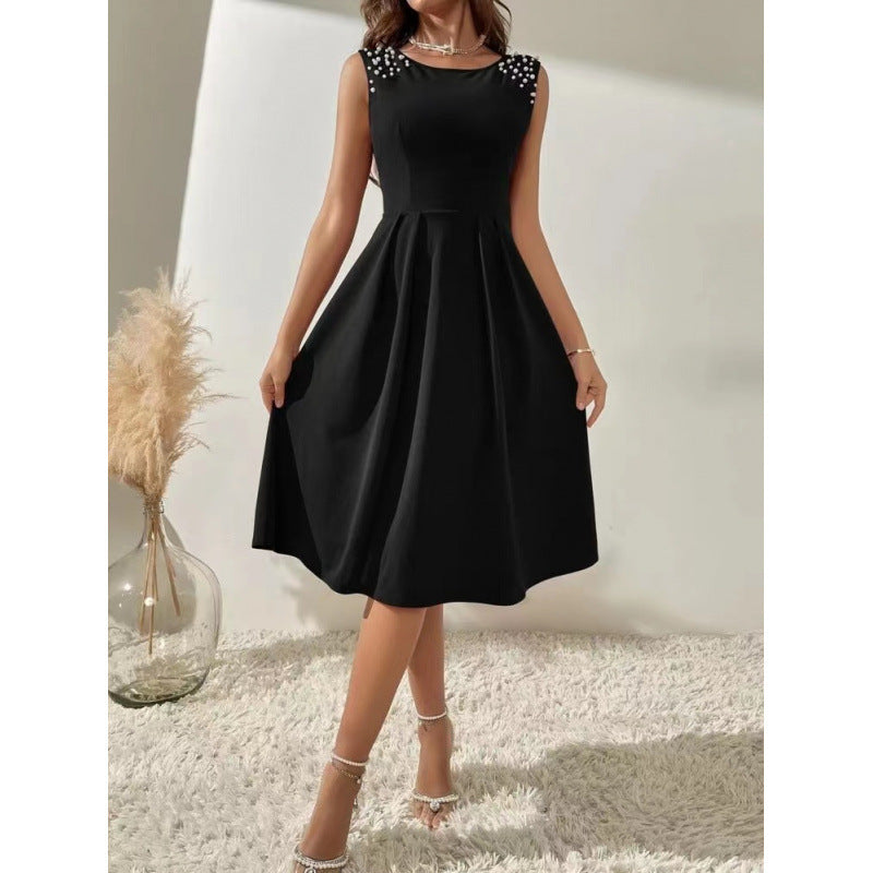 Damen Midi-Kleid mit dekorativen Perlenakzenten und schwingendem Rock EB
