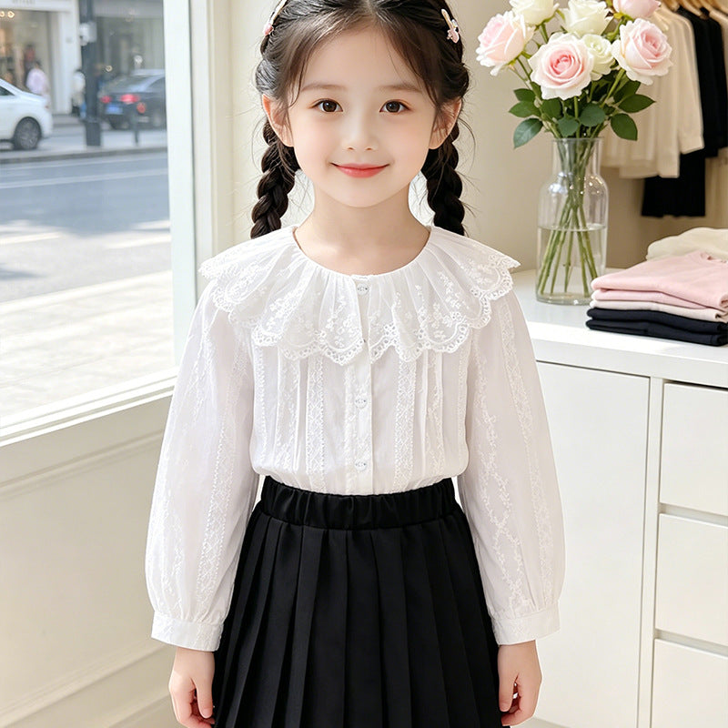 Mädchen Bluse mit romantischem Spitzenkragen und filigranem Design EB