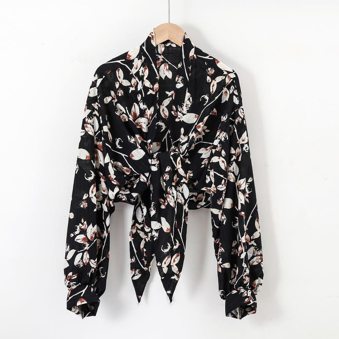 Damen nan florale Knoten-Bluse im Wickelstil mit Ballonärmeln und leichter Leinenoptik EB