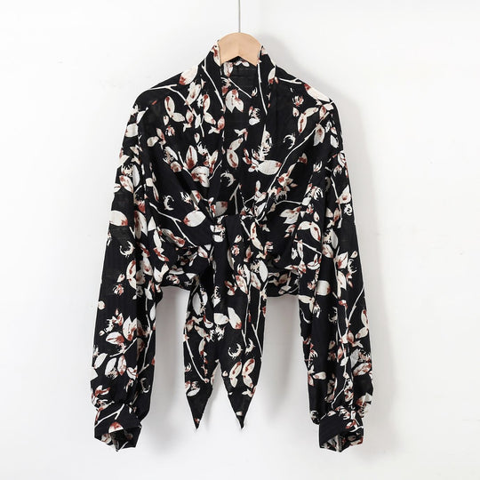 Damen nan florale Knoten-Bluse im Wickelstil mit Ballonärmeln und leichter Leinenoptik EB