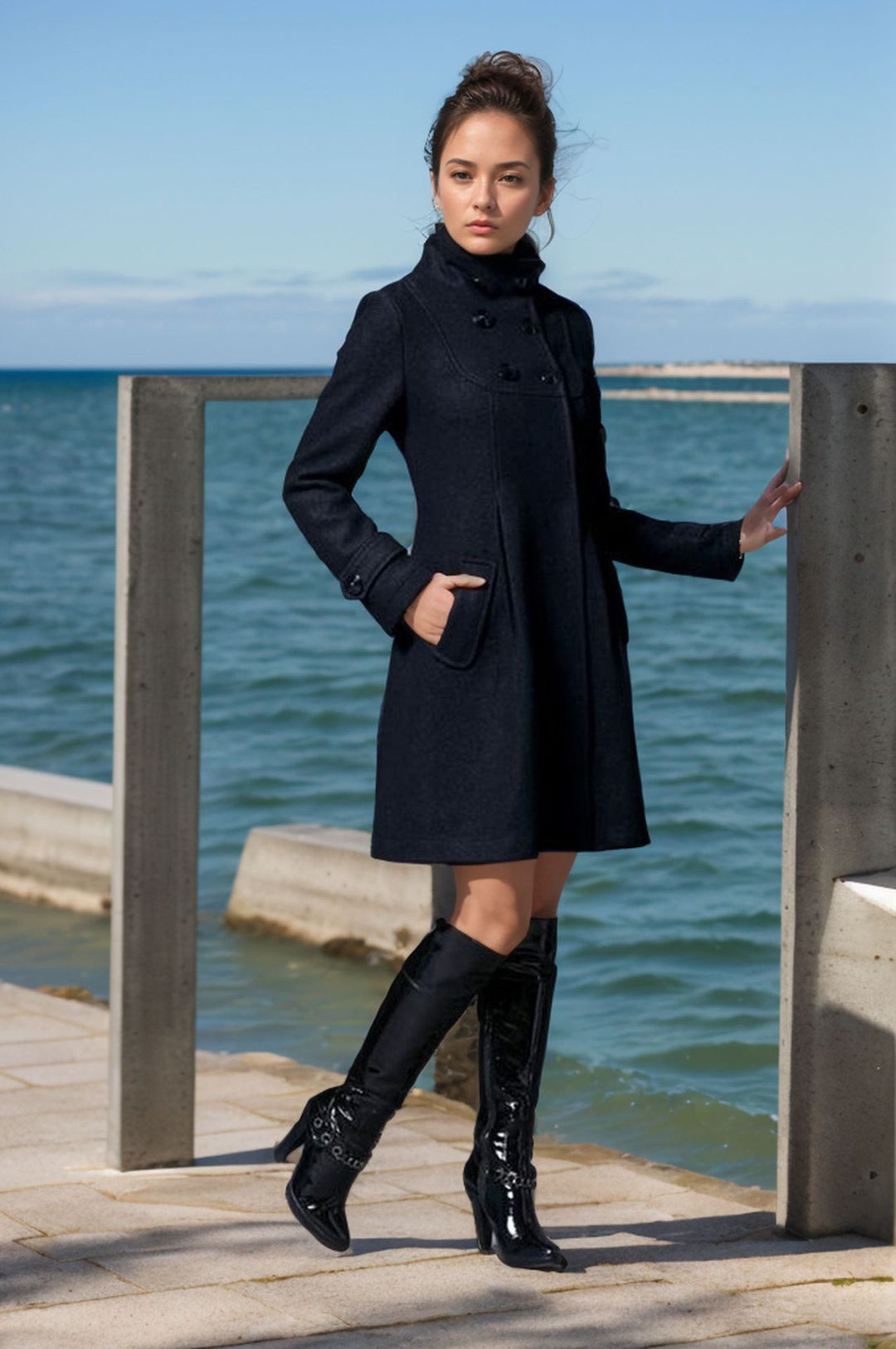 Damen eleganter Wollmantel mit modernem Kragen und praktischen Taschen EB