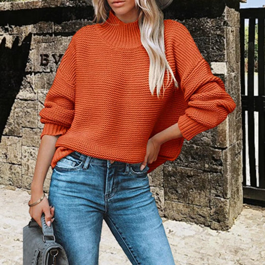 Damen kuscheliger Pullover mit hohem Kragen und strukturiertem Strickmuster EB