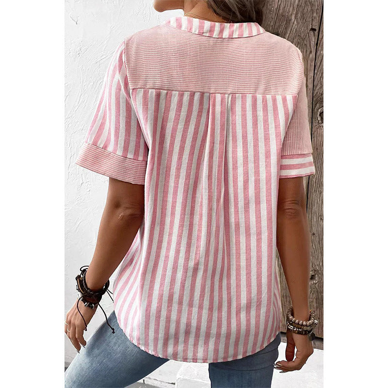 Damen Kurzarm Blusenshirt im gestreiften Design mit Knopfdetails EB
