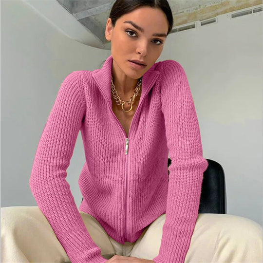 Damen Strickjacke mit hohem Kragen und innovativem Zipper EB