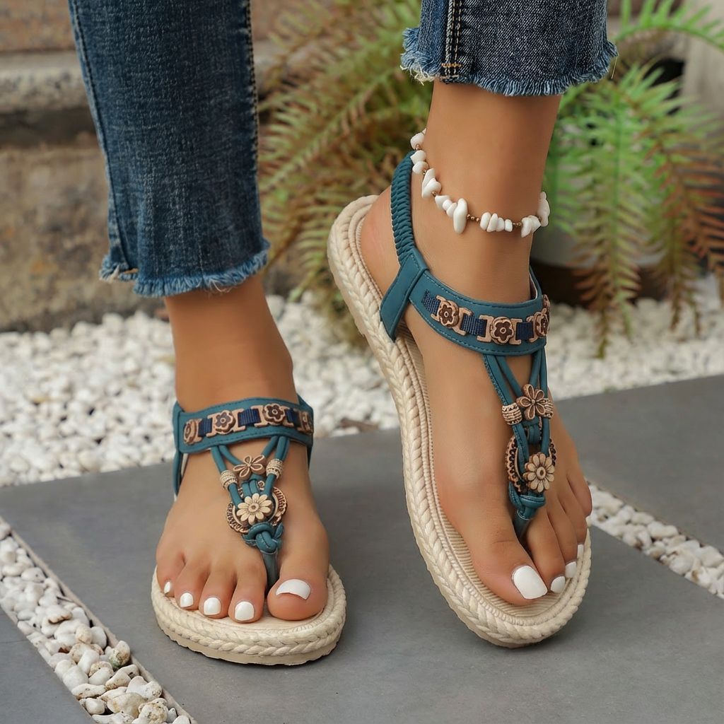 Damen Designer-Zehentrenner mit floralen Akzenten und elastischem Riemen EB